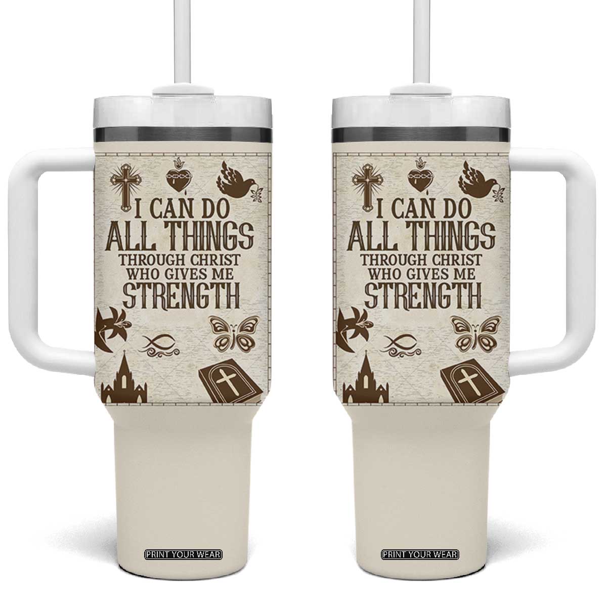 Christian Gifts Tumbler With Handle I Can Do All Things Through Christ Bible Verse Philippians 4:13 TB10 One Size: 40 oz Beige Print Your Wear