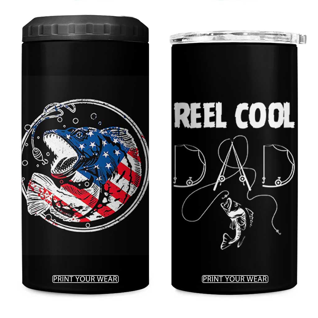 Reel Cool Dad 4 in 1 Can Cooler Tumbler Funny Father's Day Gift For Dad Fishing Lover American Flag TB10 One Size: 16 oz Black Print Your Wear