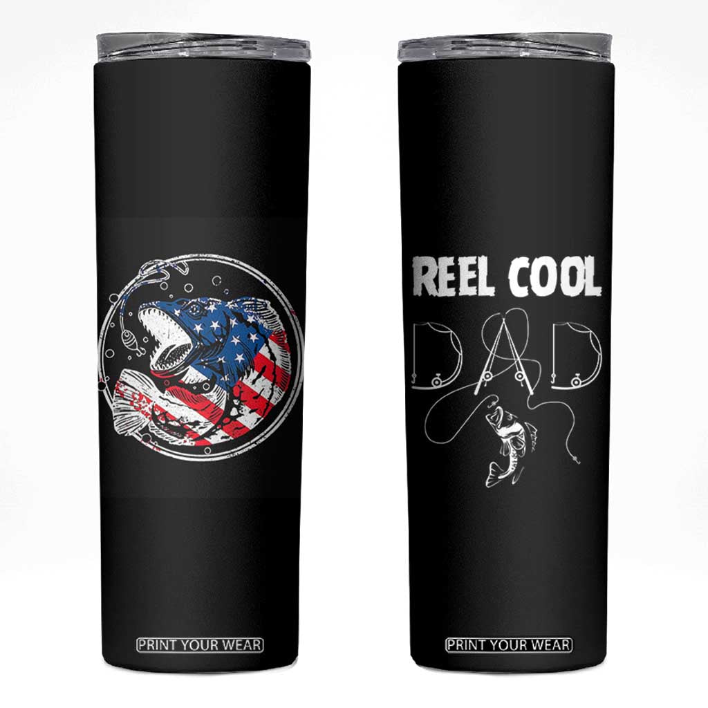 Reel Cool Dad Skinny Tumbler Funny Father's Day Gift For Dad Fishing Lover American Flag TB10 Black Print Your Wear