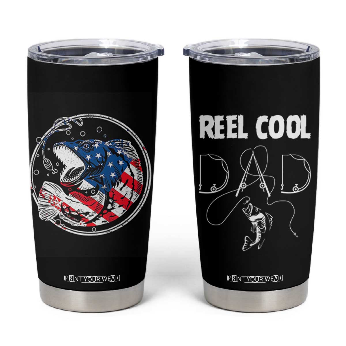Reel Cool Dad Tumbler Cup Funny Father's Day Gift For Dad Fishing Lover American Flag TB10 Black Print Your Wear