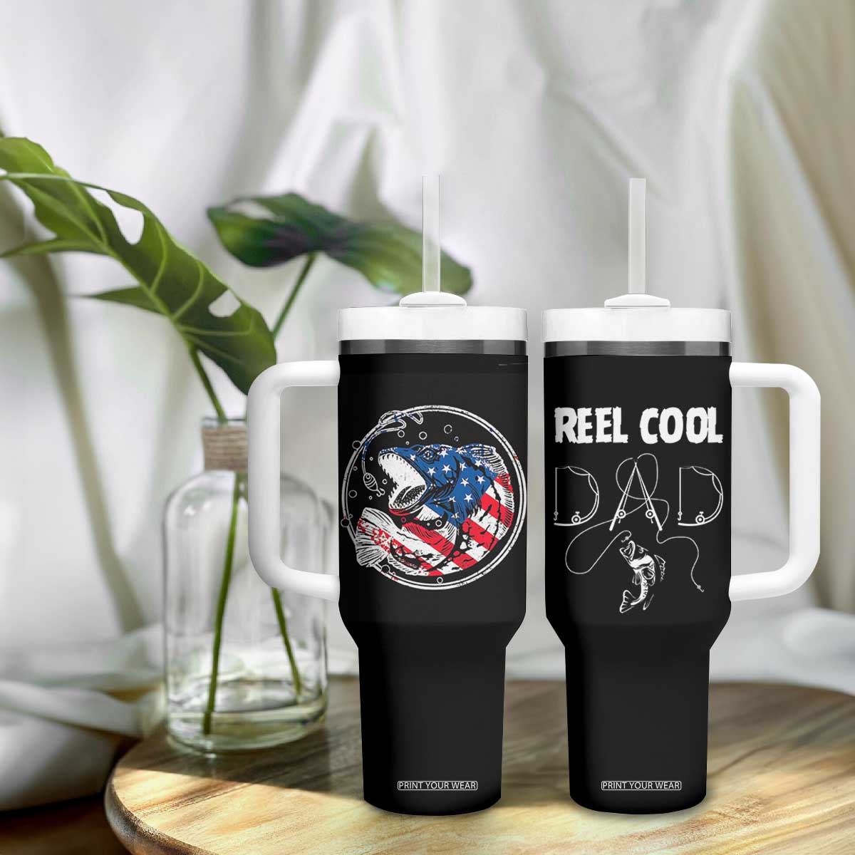 Reel Cool Dad Tumbler With Handle Funny Father's Day Gift For Dad Fishing Lover American Flag TB10 Print Your Wear