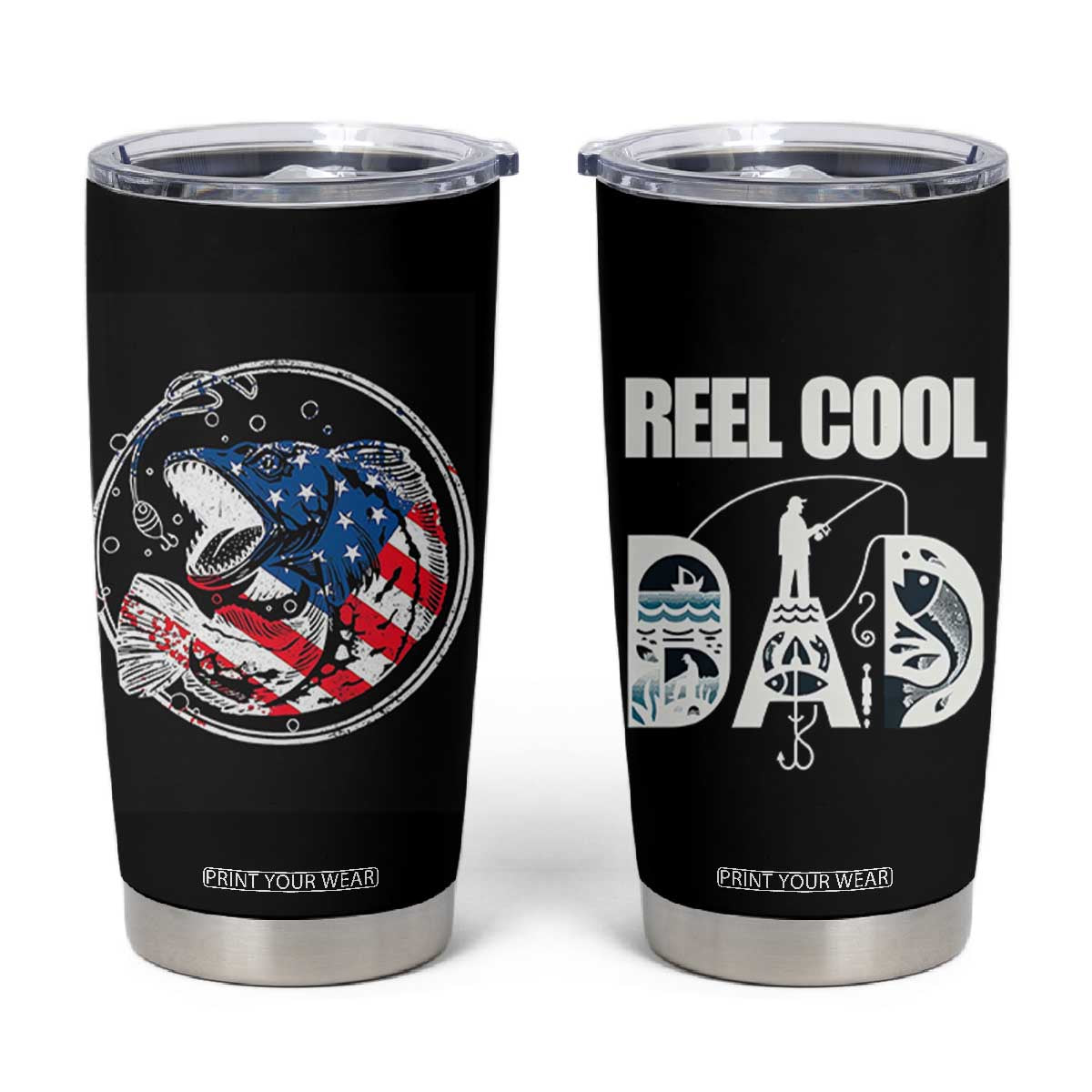 Reel Cool Dad Tumbler Cup Funny Father's Day Gift For Fishing Lover American Flag TB10 Black Print Your Wear