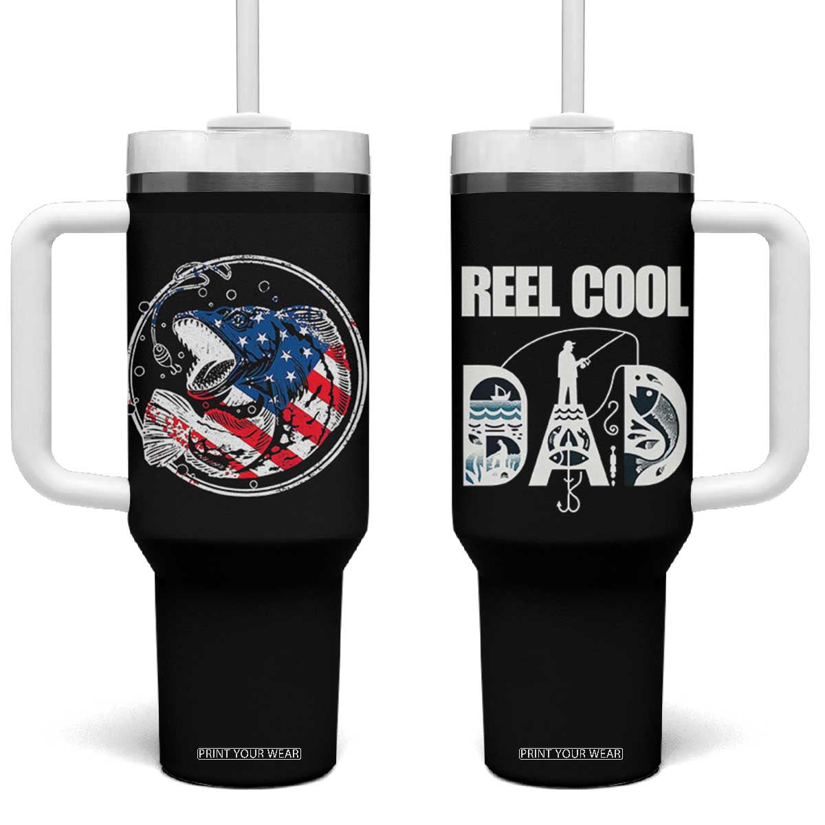 Reel Cool Dad Tumbler With Handle Funny Father's Day Gift For Fishing Lover American Flag TB10 One Size: 40 oz Black Print Your Wear