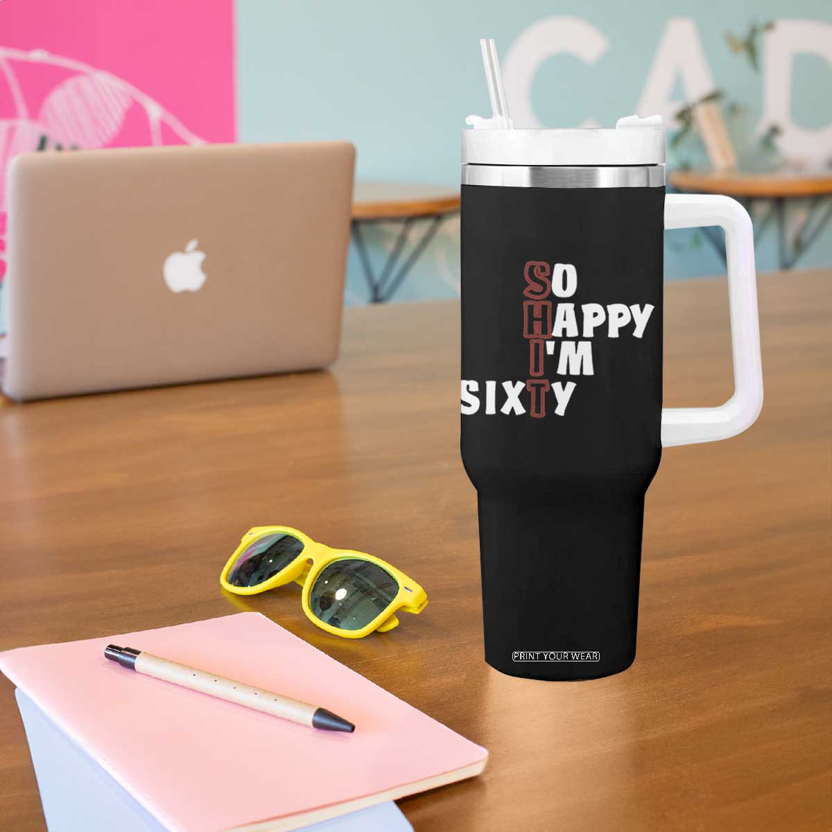 Funny 60th Birthday Tumbler With Handle So Happy I'm Sixty Gag 60 Year Old TB10 Print Your Wear