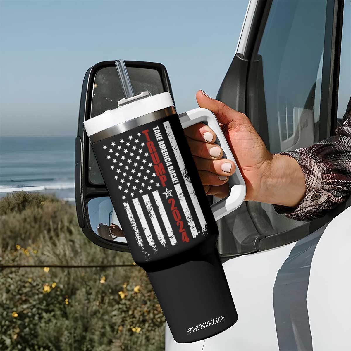 Trump 2024 Tumbler With Handle President 45 47 American Flag Black TB10 Print Your Wear