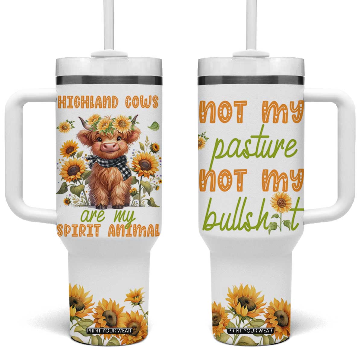 Highland Cow Gifts For Women Tumbler With Handle Funny Cow Gift For Cow Lovers Sunflower TB10 One Size: 40 oz White Print Your Wear
