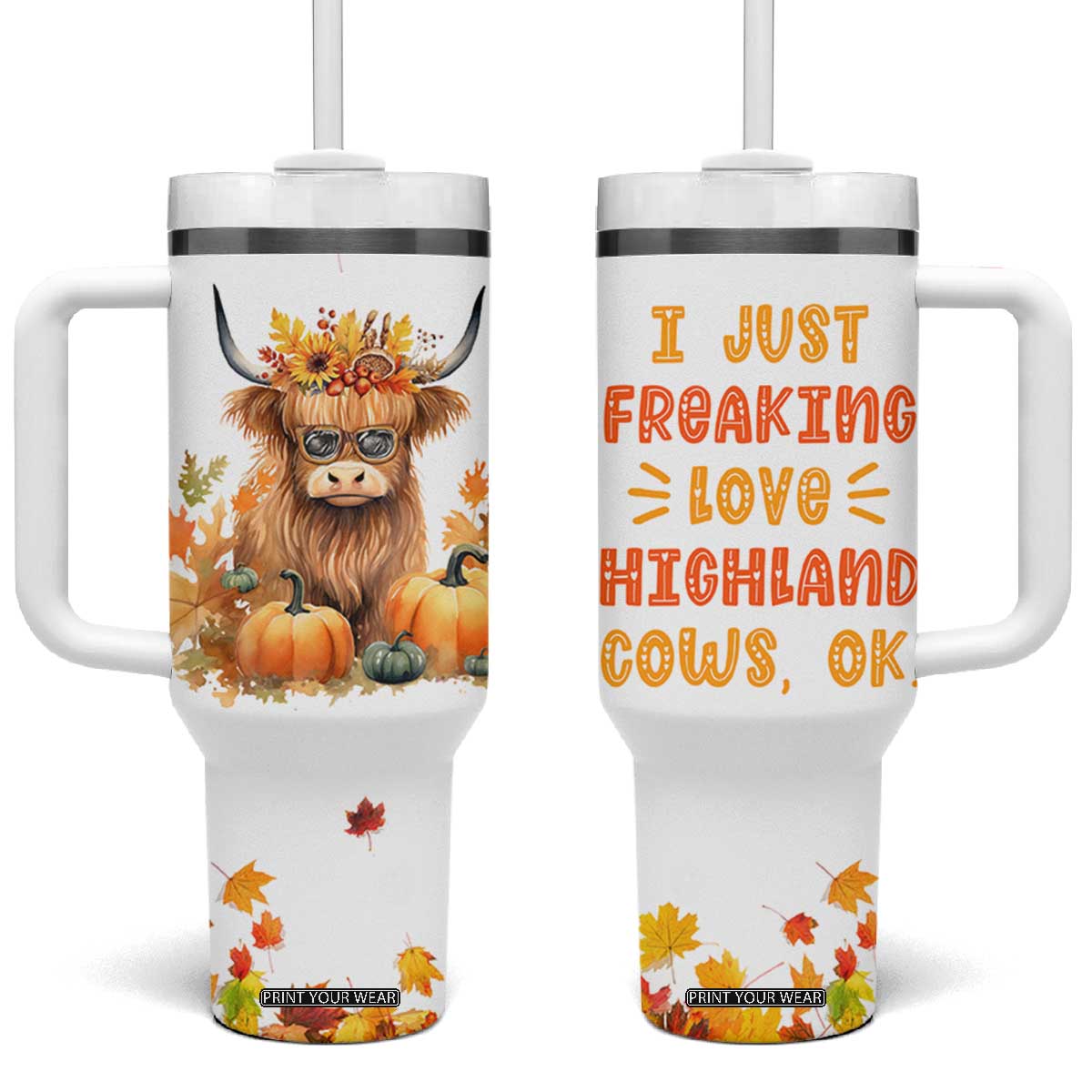 Highland Cow Gifts For Women Tumbler With Handle Funny Cow Gift For Cow Lovers Fall Leaves Farmhouse Western Animal TB10 One Size: 40 oz White Print Your Wear