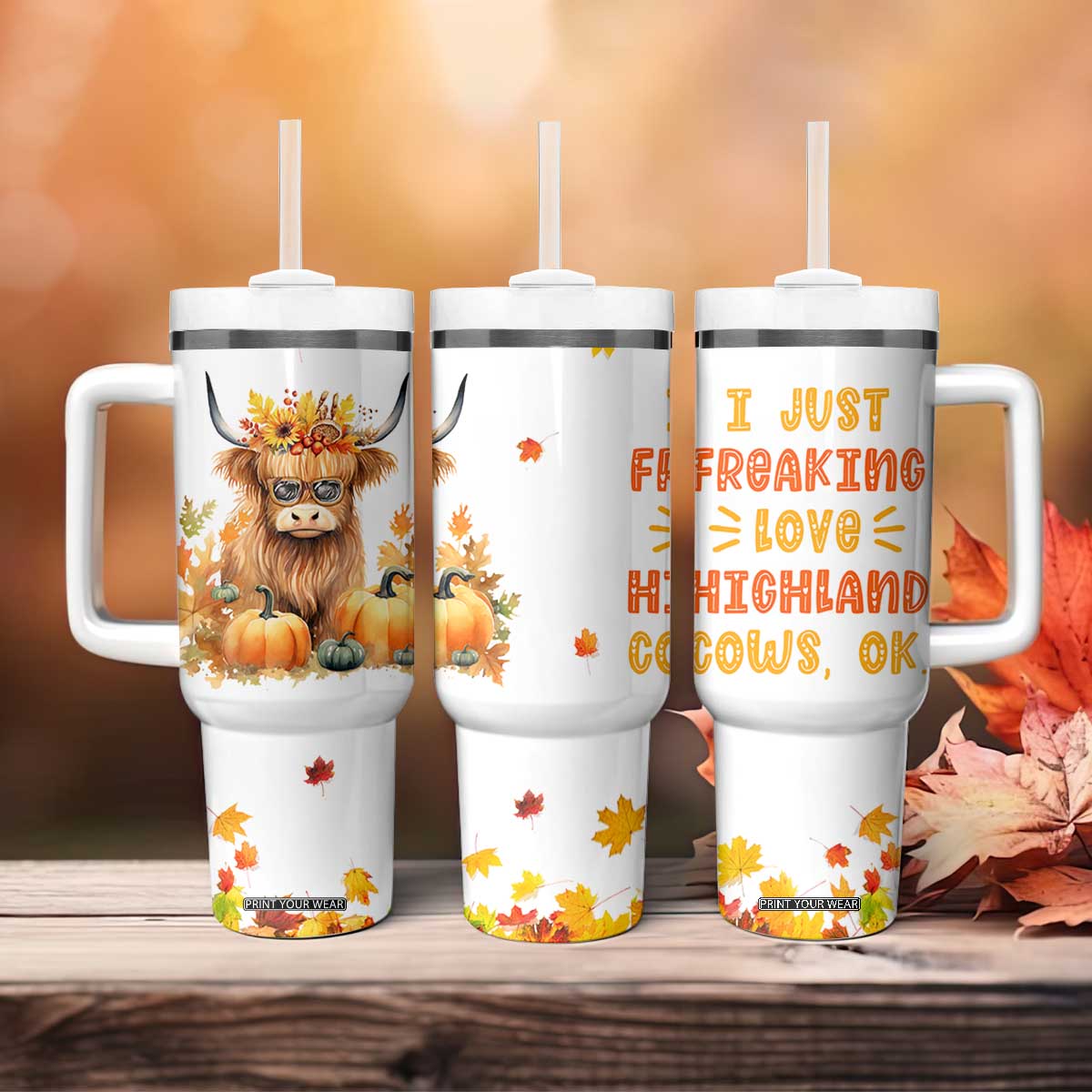 Highland Cow Gifts For Women Tumbler With Handle Funny Cow Gift For Cow Lovers Fall Leaves Farmhouse Western Animal TB10 Print Your Wear