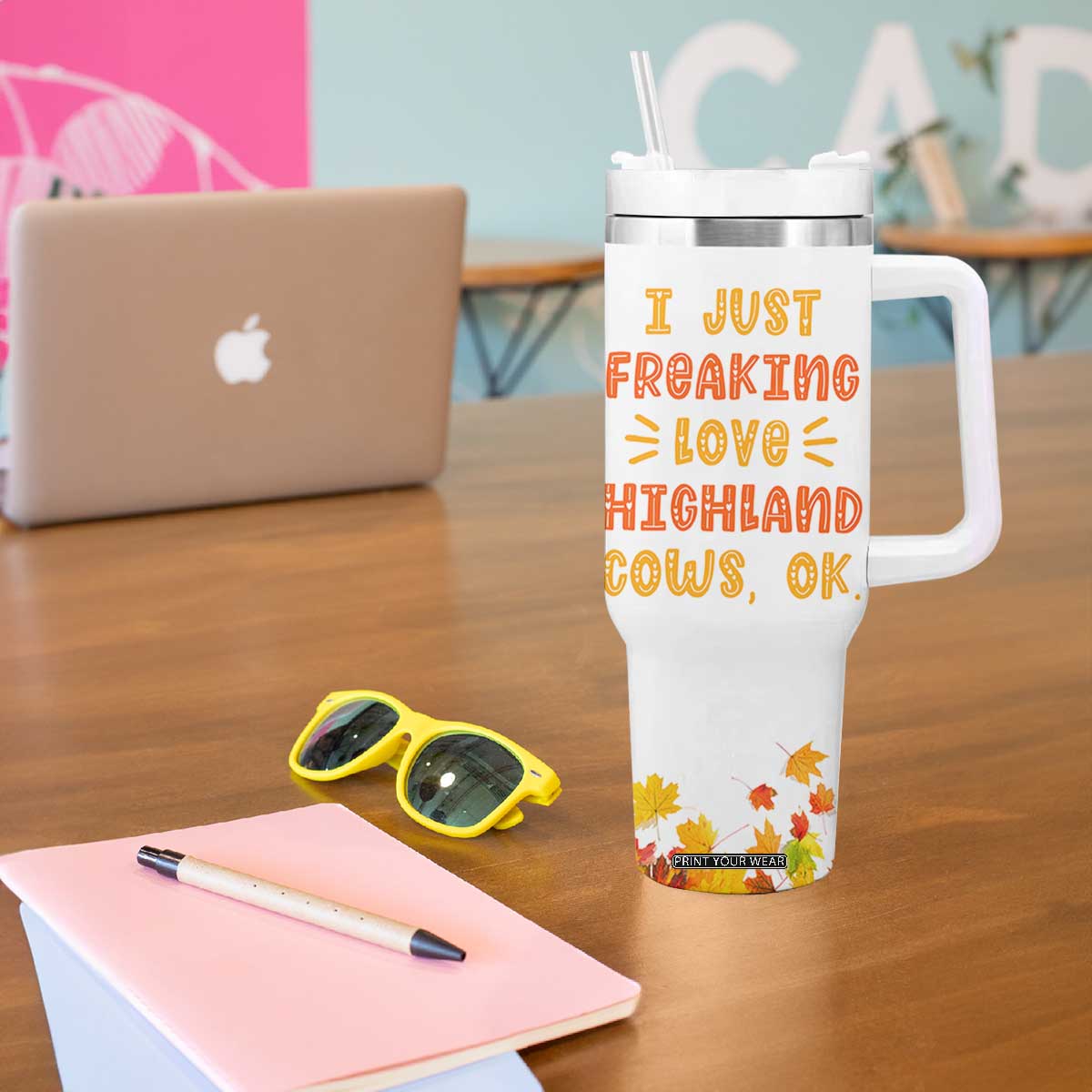 Highland Cow Gifts For Women Tumbler With Handle Funny Cow Gift For Cow Lovers Fall Leaves Farmhouse Western Animal TB10 Print Your Wear