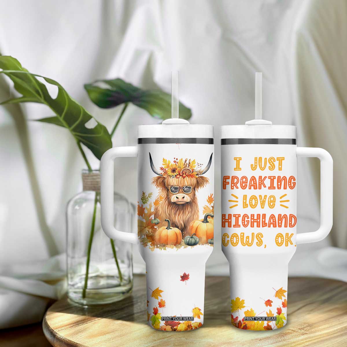 Highland Cow Gifts For Women Tumbler With Handle Funny Cow Gift For Cow Lovers Fall Leaves Farmhouse Western Animal TB10 Print Your Wear