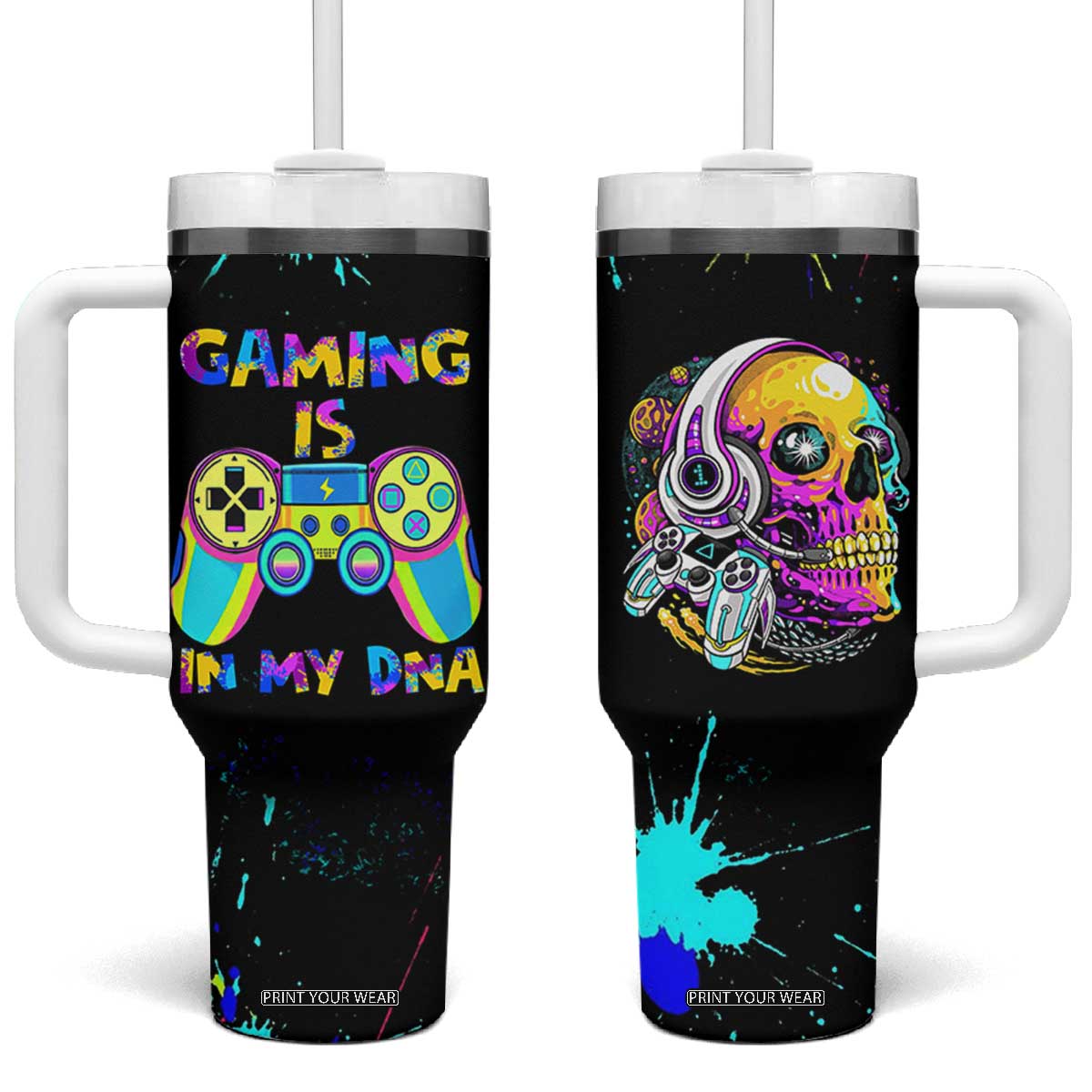 Gaming Gifts Tumbler With Handle Gamer Video Game Controller Colorful Graffiti Skeleton TB10 One Size: 40 oz Black Print Your Wear