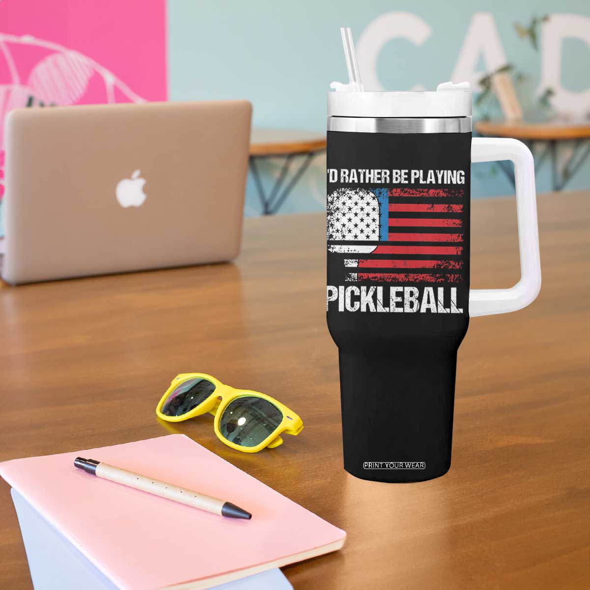 Funny Pickleball Player Tumbler With Handle US Flag Paddleball Lover TB10 Print Your Wear