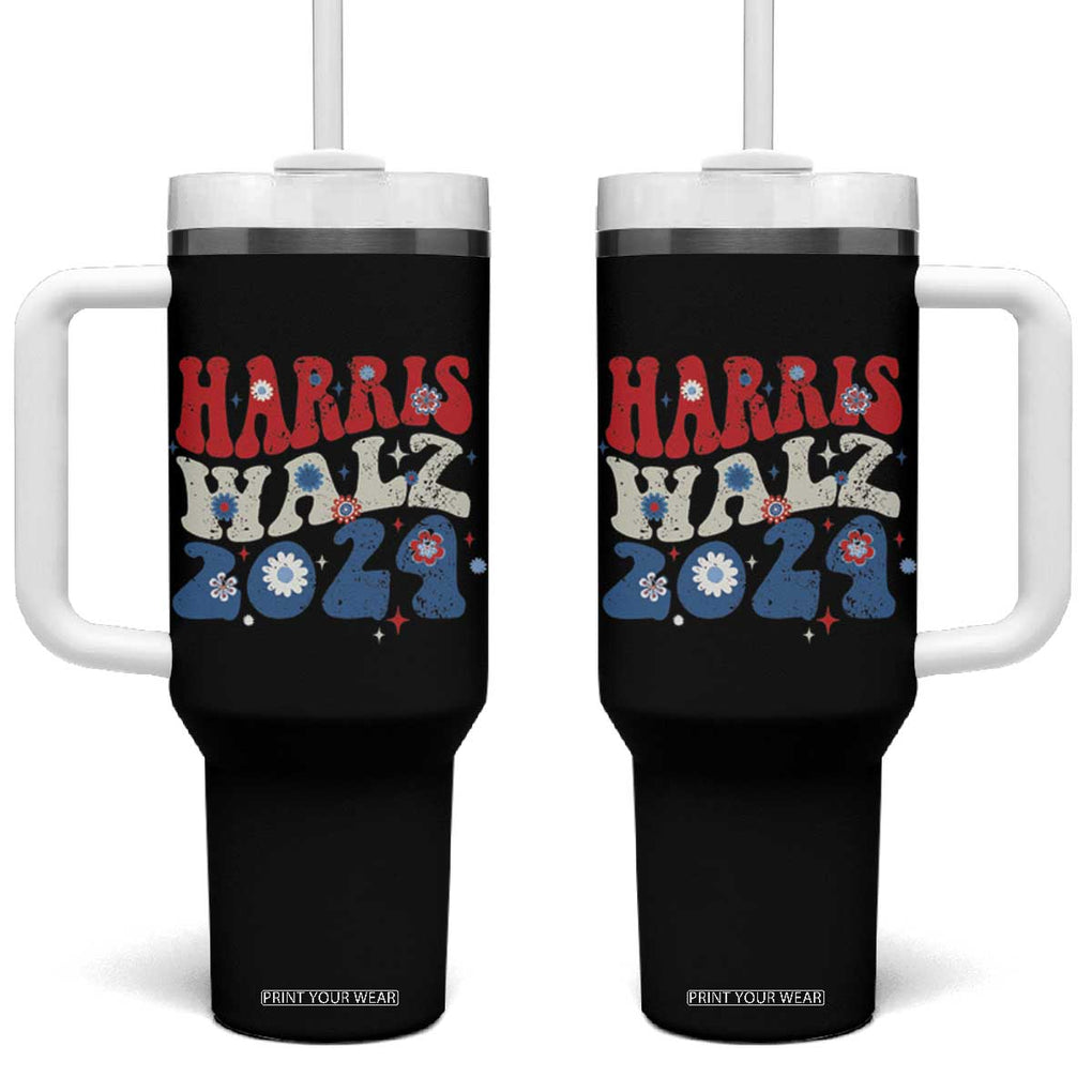 Harris Walz 2024 Election Tumbler With Handle Kamala Madam President Retro Groovy TB10 One Size: 40 oz Black Print Your Wear