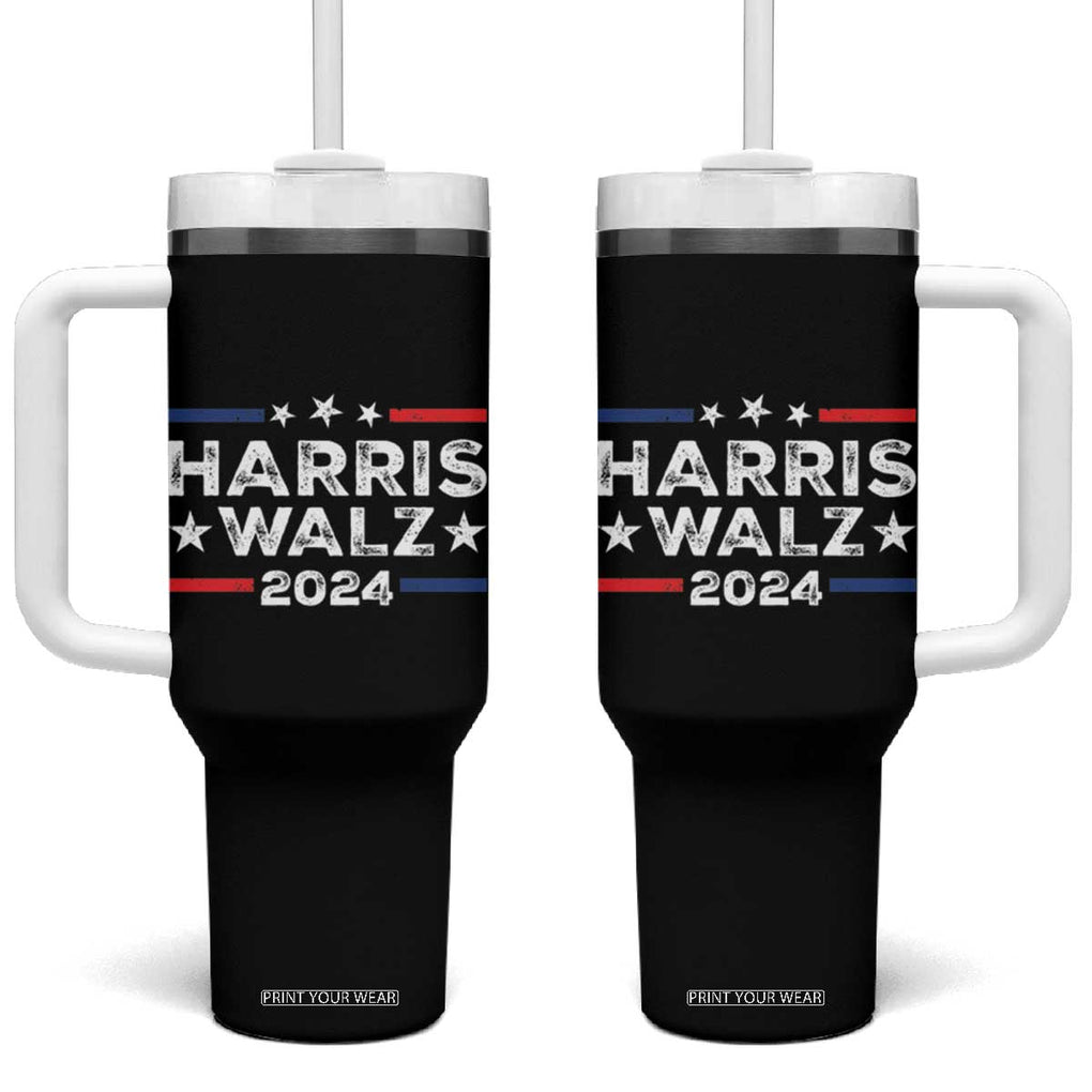 Harris Walz 2024 Tumbler With Handle Kamala Tim Walzt Presidential Election Retro Stripe TB10 One Size: 40 oz Black Print Your Wear