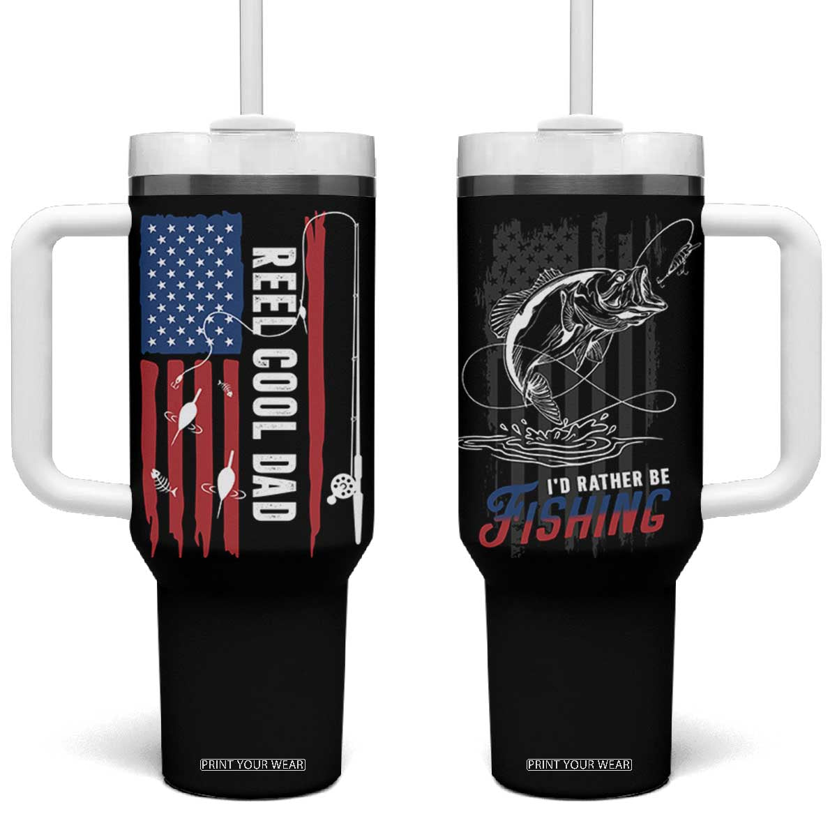 Fishing Gifts For Dad Tumbler With Handle Reel Cool Dad US Flag Father's Day TB10 One Size: 40 oz Black Print Your Wear