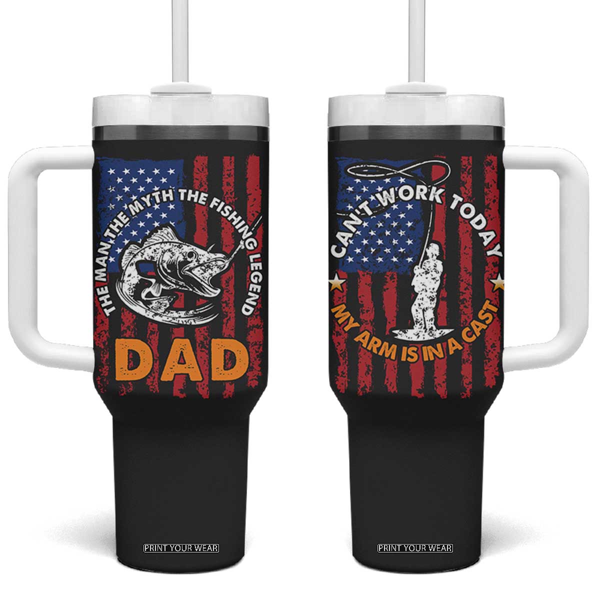 Funny Fishing Fathers Day Tumbler With Handle I Can't Work Today My Arm Is In A Cast Dad Gifts TB10 One Size: 40 oz Black Print Your Wear