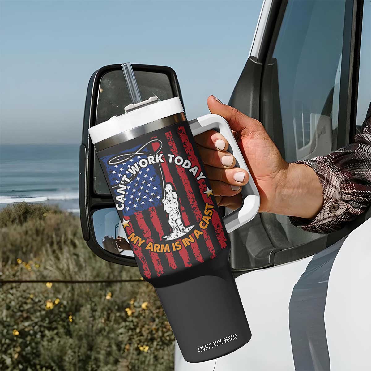 Funny Fishing Fathers Day Tumbler With Handle I Can't Work Today My Arm Is In A Cast Dad Gifts TB10 Print Your Wear