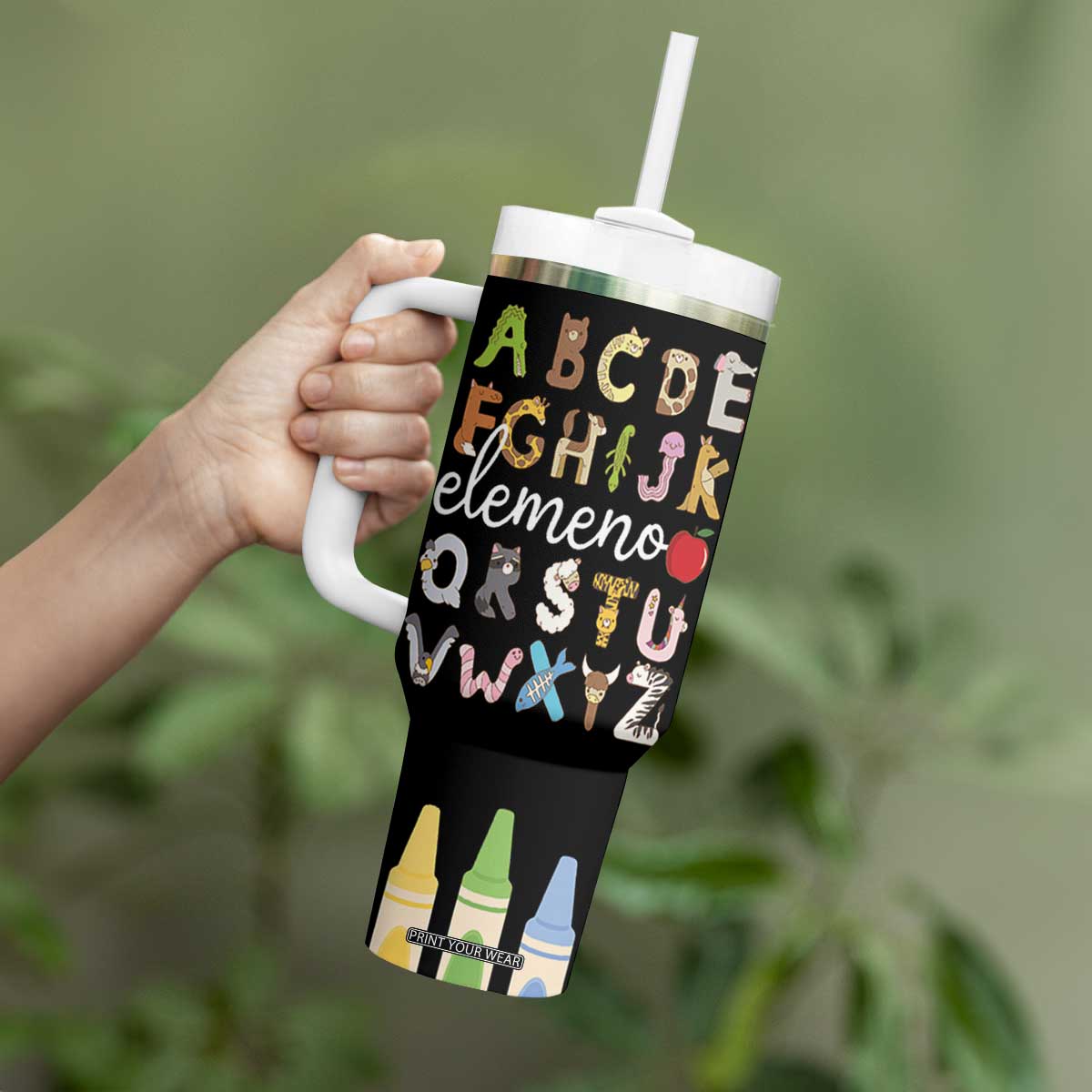 Teacher Alphabet Tumbler With Handle Colorful Animal Teachers Toddlers Spill Proof Cup TB10 Print Your Wear