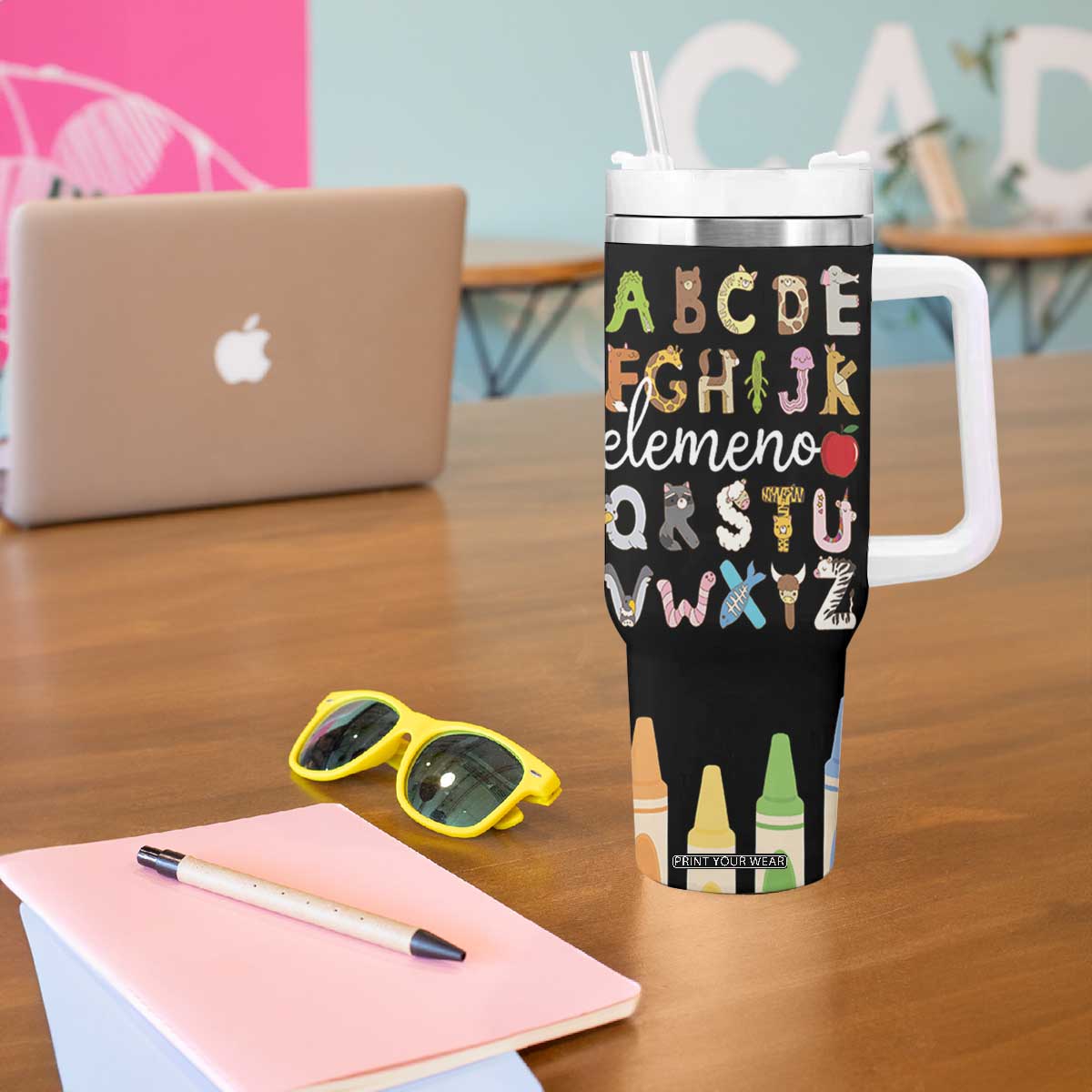 Teacher Alphabet Tumbler With Handle Colorful Animal Teachers Toddlers Spill Proof Cup TB10 Print Your Wear