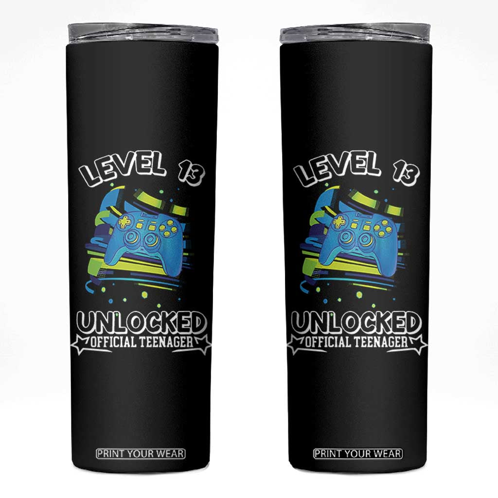 13th Birthday Gift Skinny Tumbler Boys Level 13 Unlocked Official Teenager Gaming TB10 Black Print Your Wear