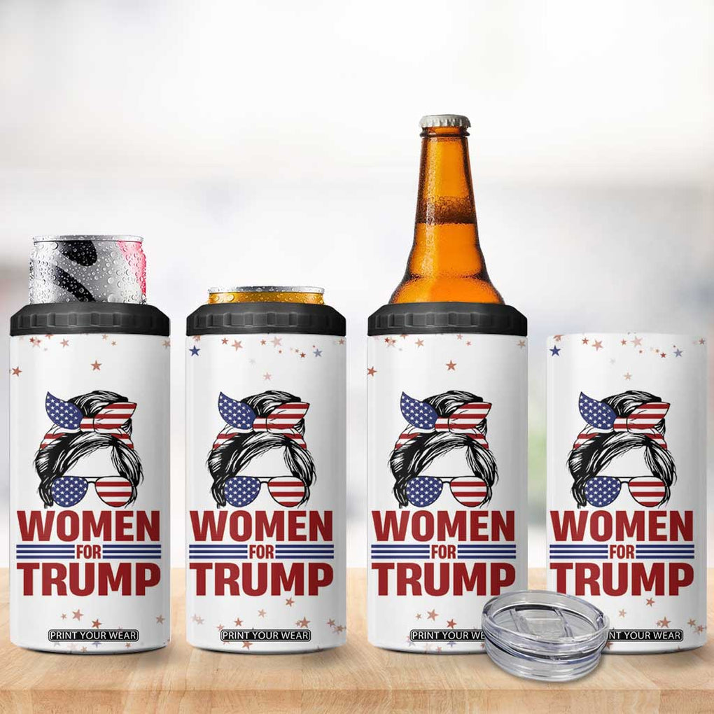 Trump 2024 Election 4 in 1 Can Cooler Tumbler Women For Trump Messy Bun American Flag Pro 45 47 TB10 Print Your Wear
