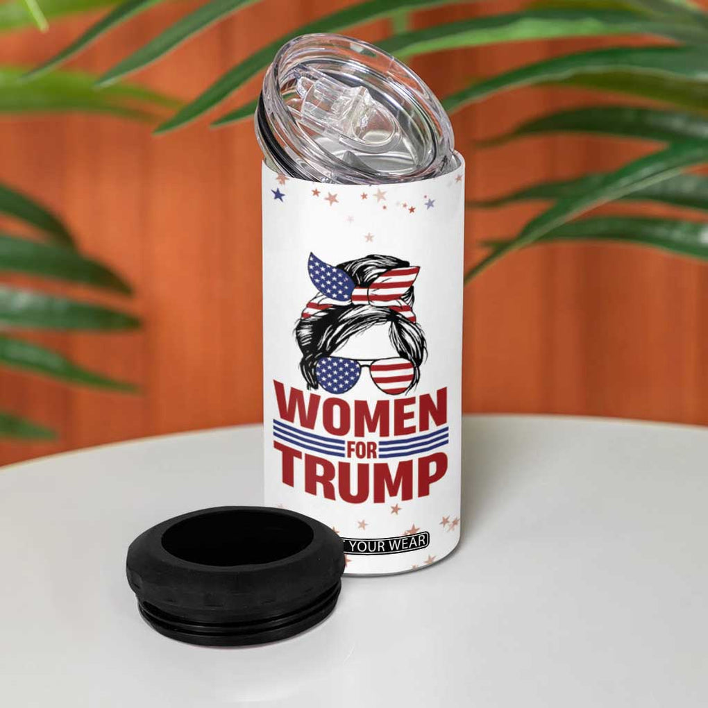 Trump 2024 Election 4 in 1 Can Cooler Tumbler Women For Trump Messy Bun American Flag Pro 45 47 TB10 Print Your Wear