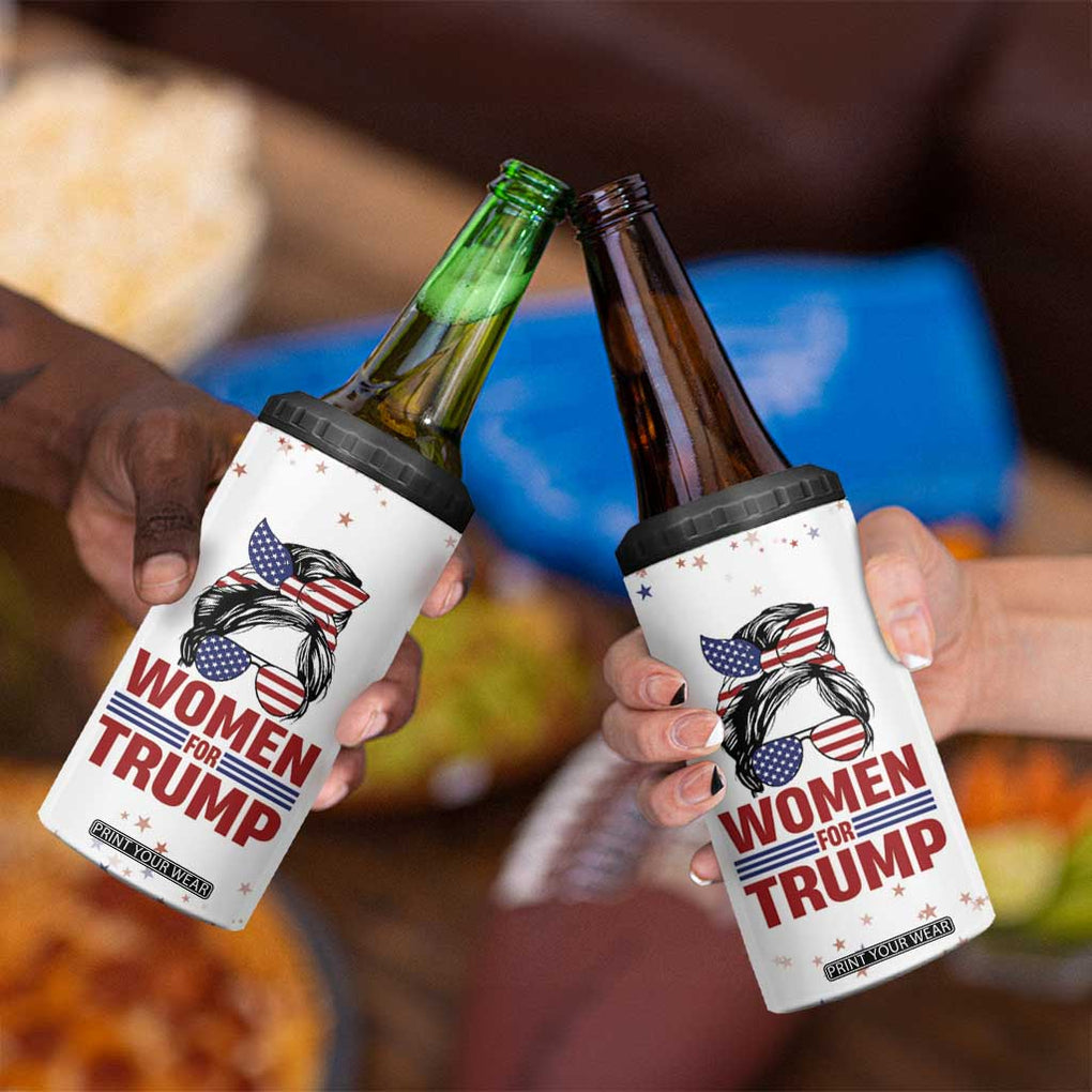 Trump 2024 Election 4 in 1 Can Cooler Tumbler Women For Trump Messy Bun American Flag Pro 45 47 TB10 Print Your Wear