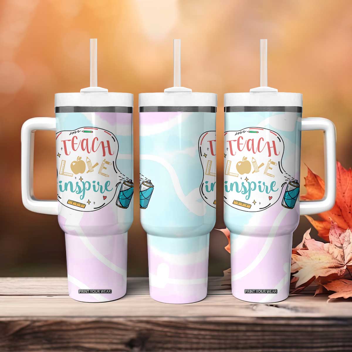 Teacher Tumbler With Handle Teach Love Inspire Back To School Christmas Birthday Gift TB10 Print Your Wear