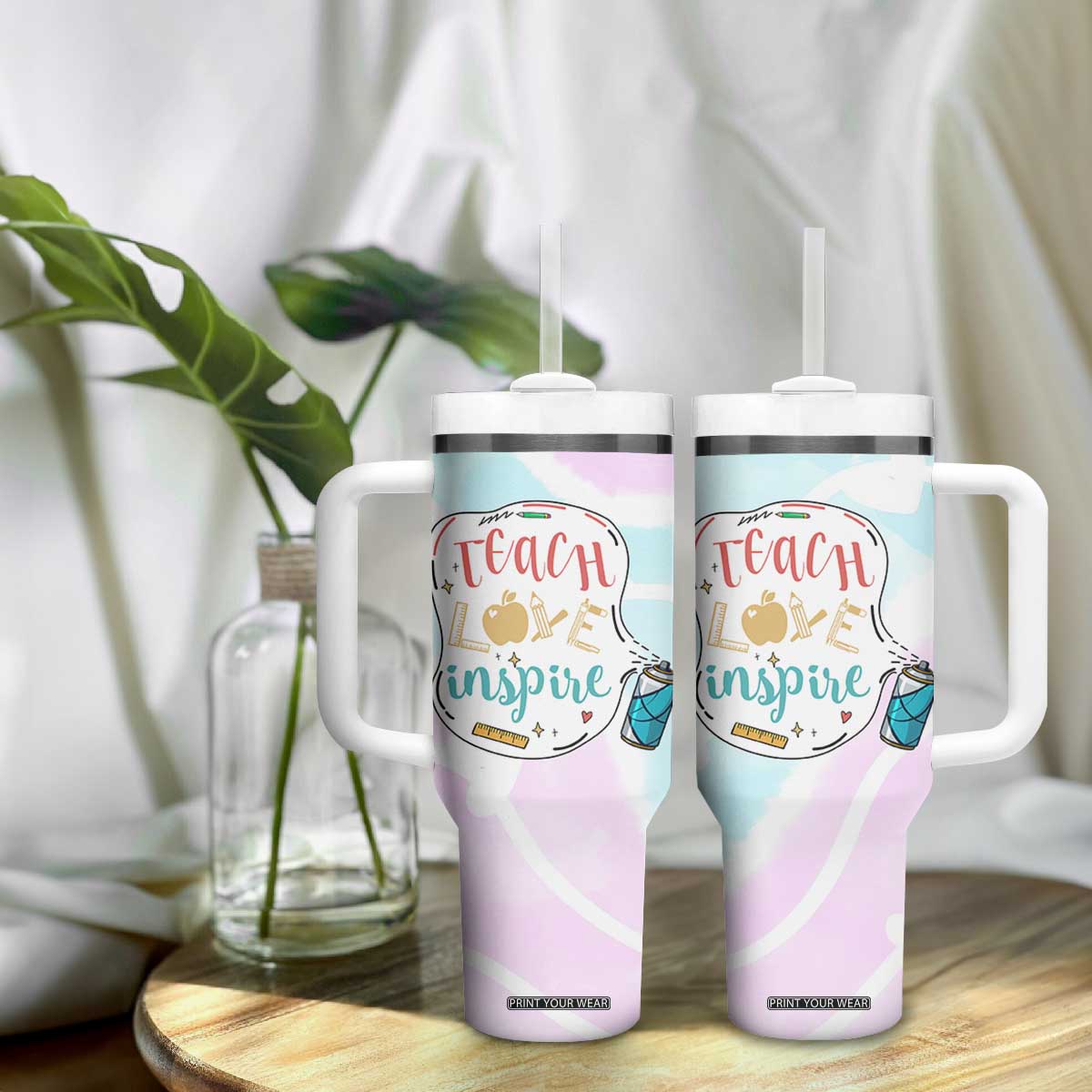 Teacher Tumbler With Handle Teach Love Inspire Back To School Christmas Birthday Gift TB10 Print Your Wear