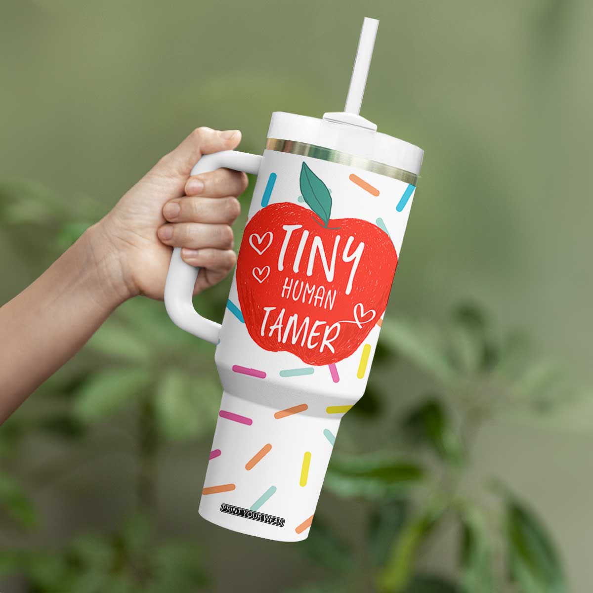 Tiny Human Tamer Teacher Tumbler With Handle Funny Preschool Kindergarten Teachers TB10 Print Your Wear