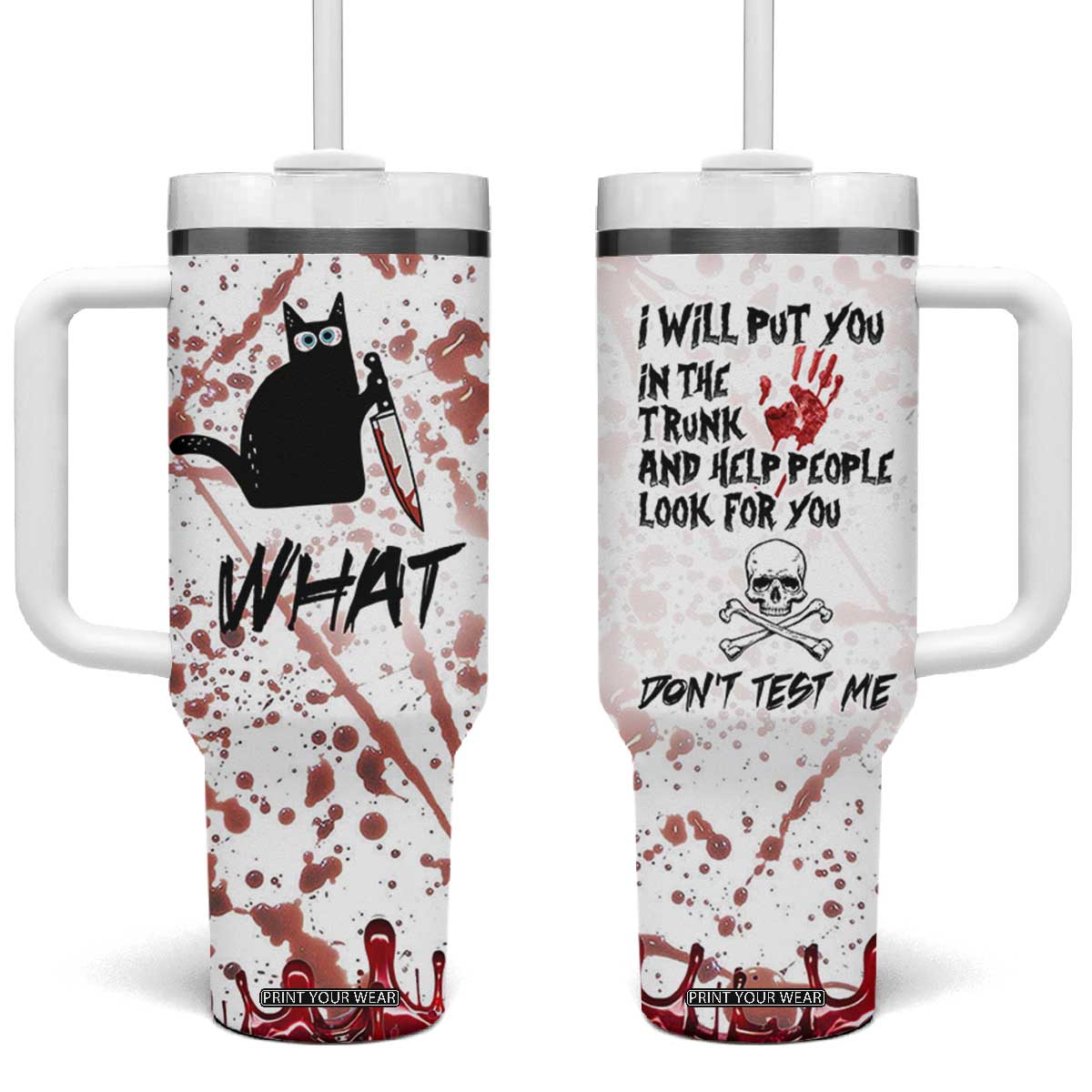 Funny Cat Lover Gifts Tumbler With Handle Halloween Murderous Cat With Knife What TB10 One Size: 40 oz White Print Your Wear