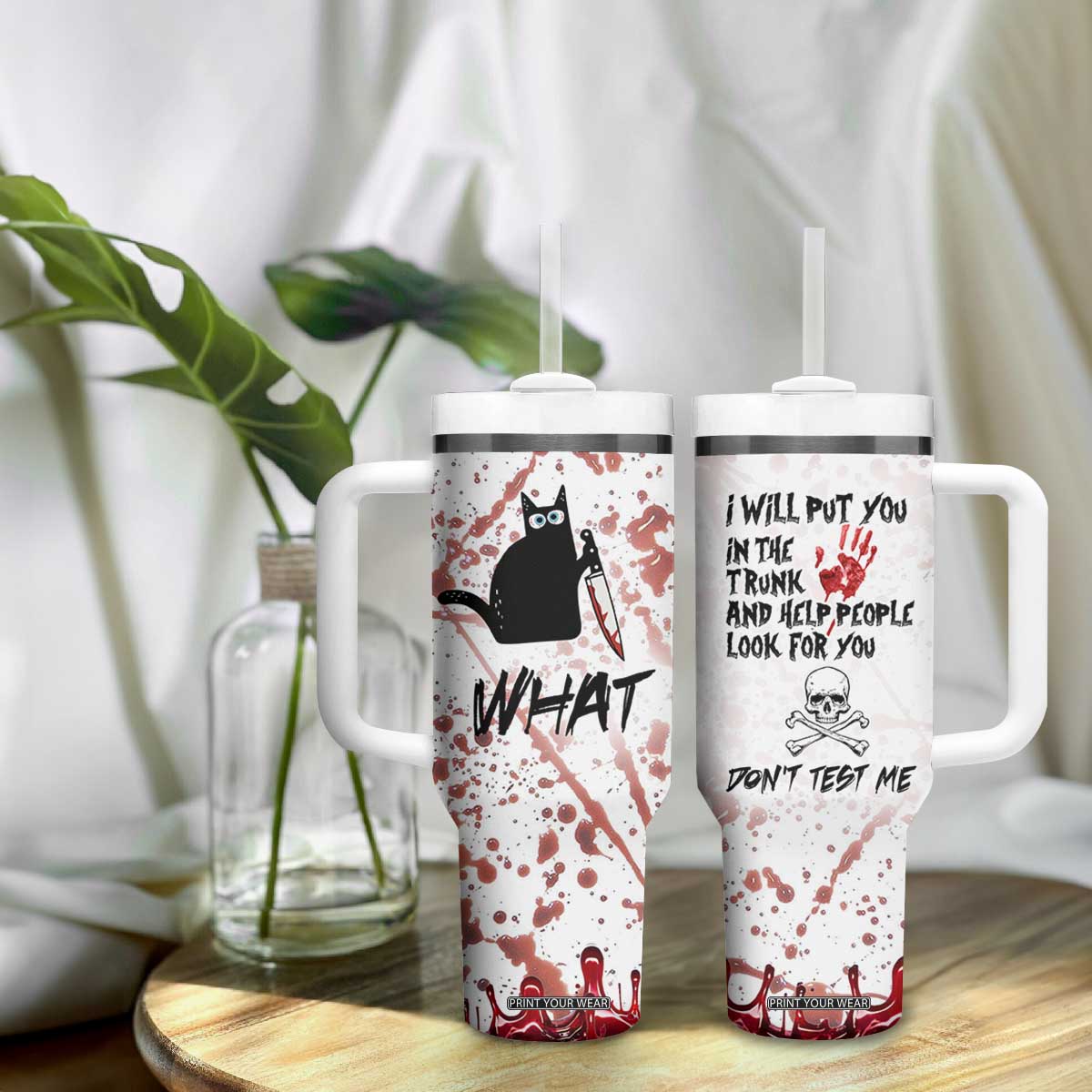 Funny Cat Lover Gifts Tumbler With Handle Halloween Murderous Cat With Knife What TB10 Print Your Wear