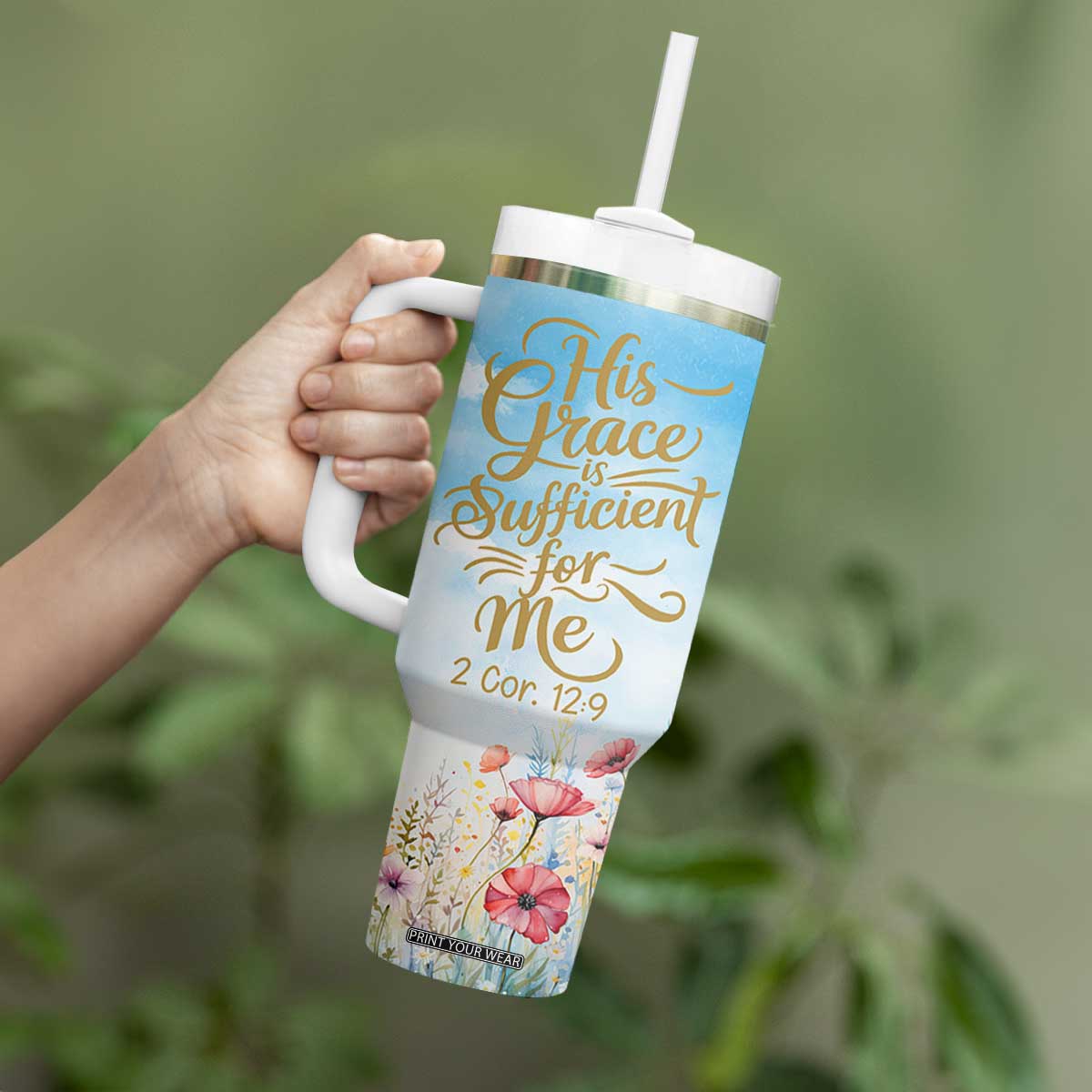 Christian Gifts For Women Tumbler With Handle Encouraging Bible Verse Cross His Grace Is Sufficient For Me TB10 Print Your Wear