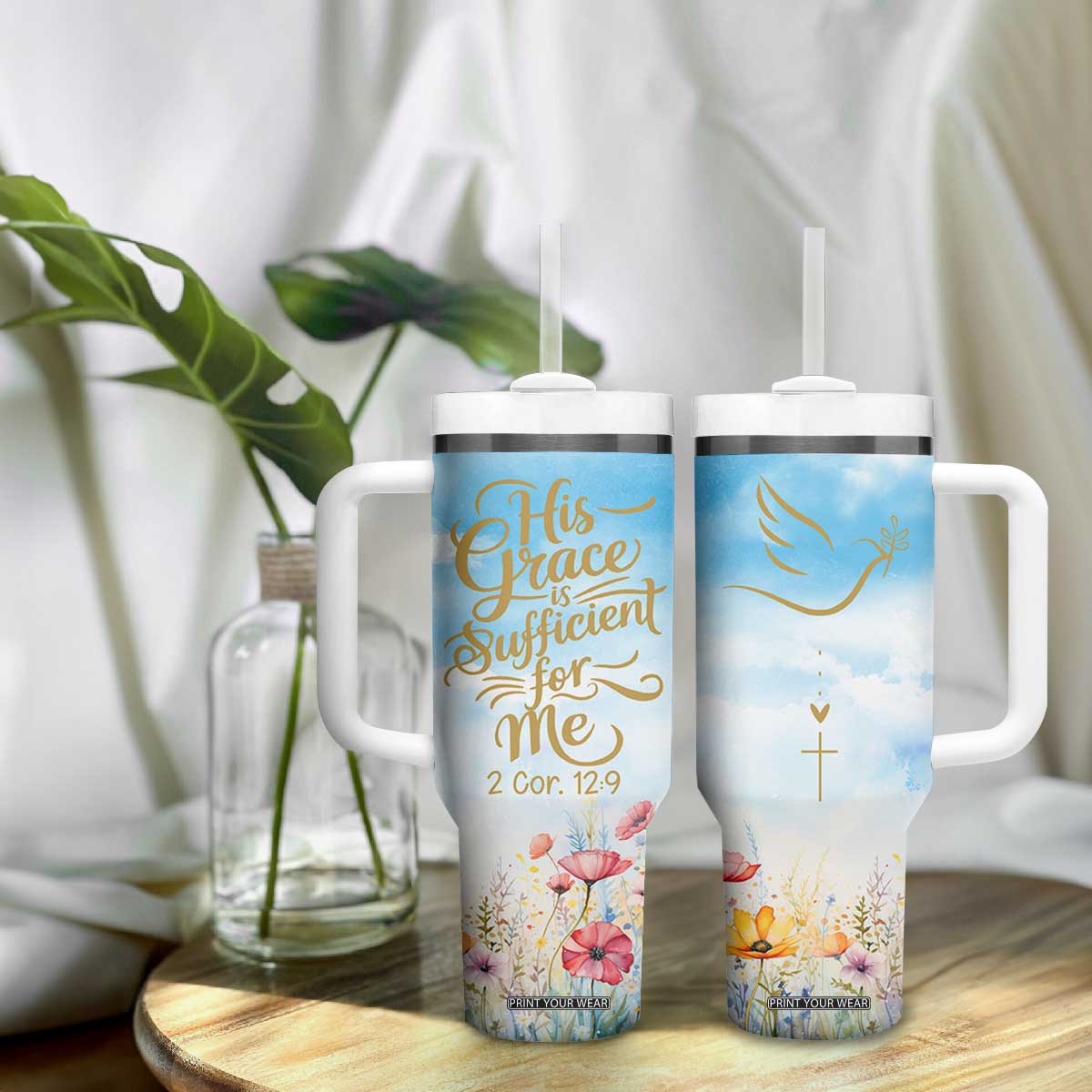 Christian Gifts For Women Tumbler With Handle Encouraging Bible Verse Cross His Grace Is Sufficient For Me TB10 Print Your Wear