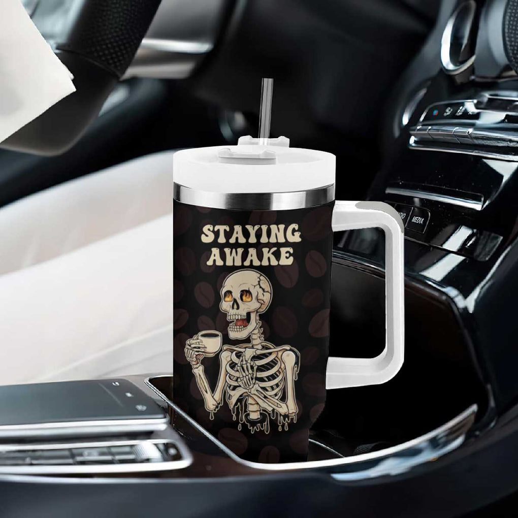 Funny Halloween Iced Coffee Tumbler With Handle Skeleton Drinking Coffee Coffee Caffeine Lover Coffee Brewer Staying Awake TB10 Print Your Wear