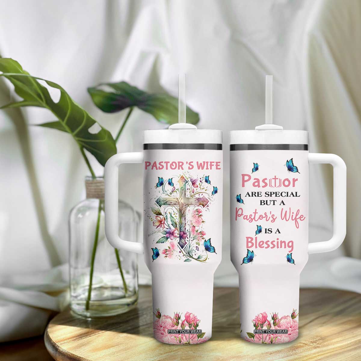 Pastor Wife Appreciation Gifts Tumbler With Handle Pastors Wives Gifts Christian Flower Cross TB10 Print Your Wear