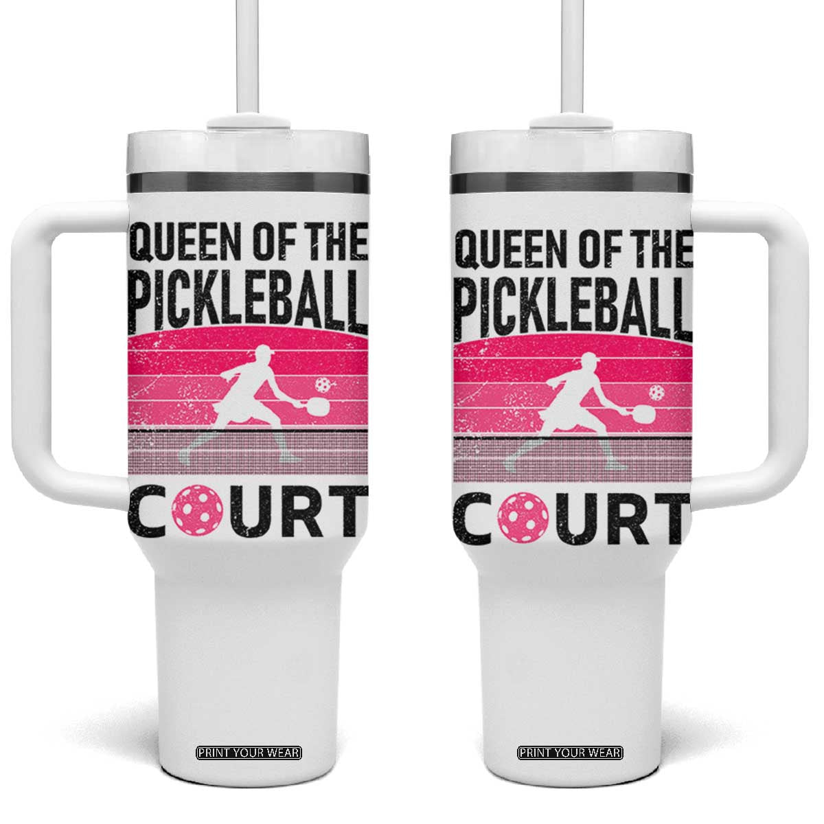 Pickleball Gifts For Women Tumbler With Handle Queen Of The Court Pink Pickle Ball Lovers Player Coach TB10 One Size: 40 oz White Print Your Wear
