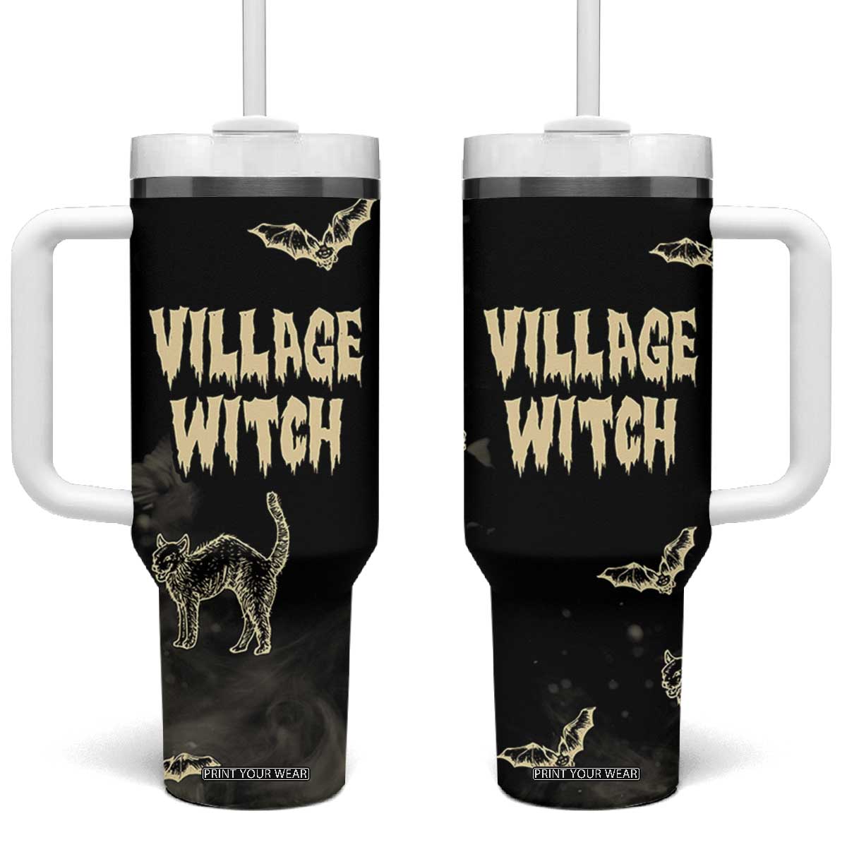 Witch Cat Tumbler With Handle Witchy Vibes Halloween Black Cat Lover Gifts TB10 One Size: 40 oz Black Print Your Wear