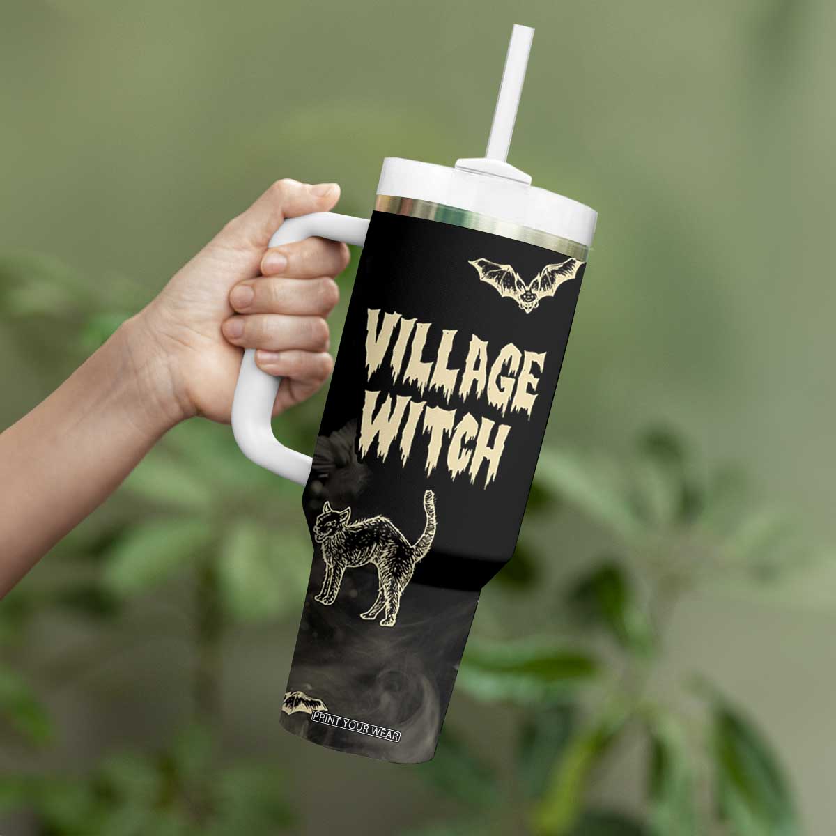 Witch Cat Tumbler With Handle Witchy Vibes Halloween Black Cat Lover Gifts TB10 Print Your Wear