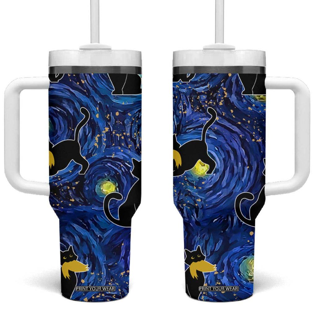 Halloween Starry Night Black Cat Tumbler With Handle Funny Childless Cat Lady With Trump Hair Vote Kamala 2024 TB10 One Size: 40 oz Blue Print Your Wear