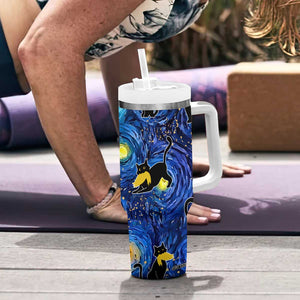 Halloween Starry Night Black Cat Tumbler With Handle Funny Childless Cat Lady With Trump Hair Vote Kamala 2024 TB10 Print Your Wear