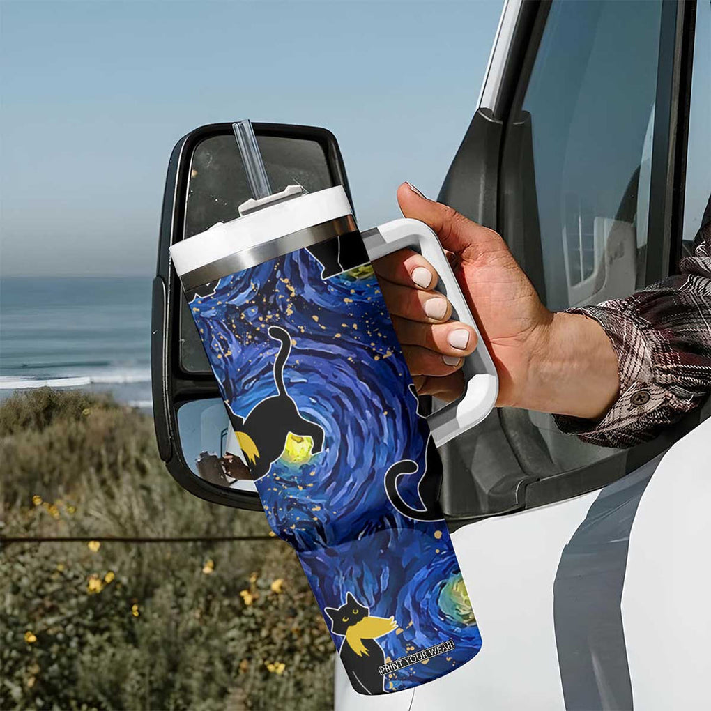 Halloween Starry Night Black Cat Tumbler With Handle Funny Childless Cat Lady With Trump Hair Vote Kamala 2024 TB10 Print Your Wear