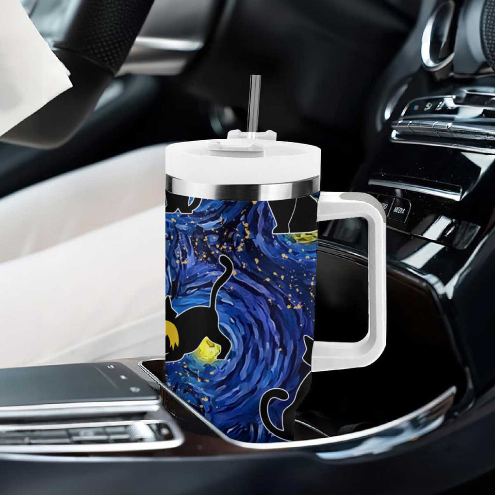 Halloween Starry Night Black Cat Tumbler With Handle Funny Childless Cat Lady With Trump Hair Vote Kamala 2024 TB10 Print Your Wear