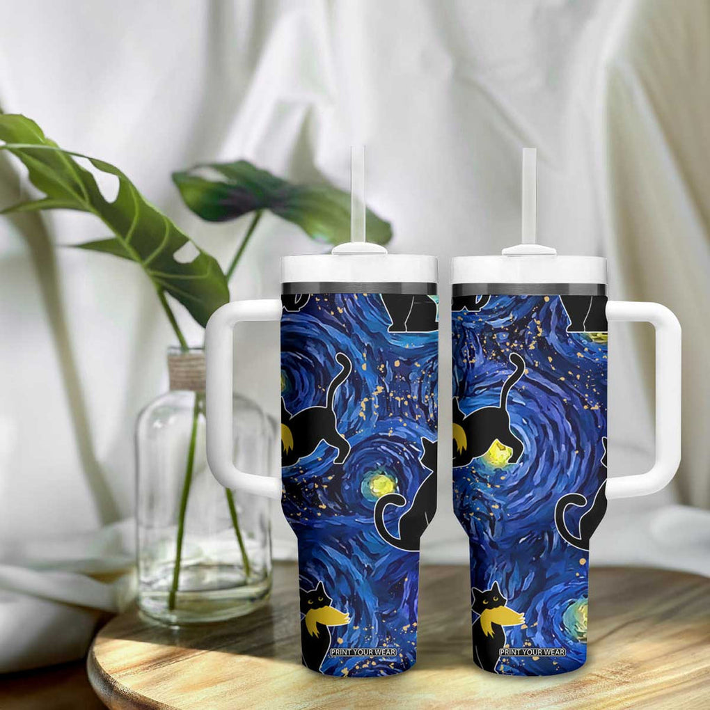 Halloween Starry Night Black Cat Tumbler With Handle Funny Childless Cat Lady With Trump Hair Vote Kamala 2024 TB10 Print Your Wear