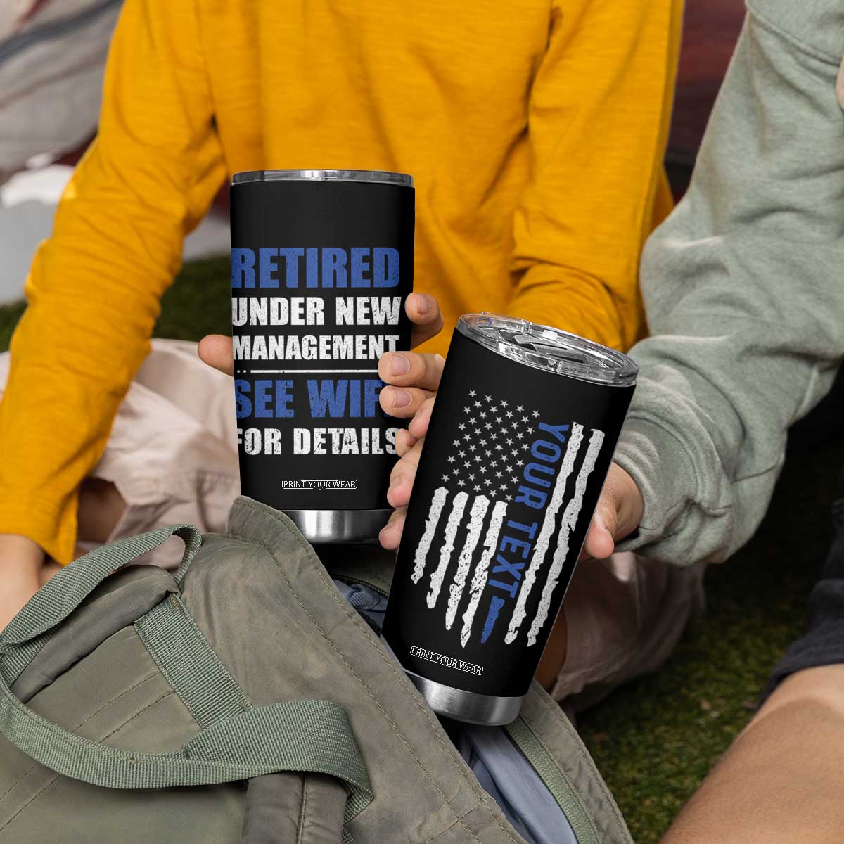 Personalized Retirement Gifts for Husband Tumbler Cup Custom Name Retired Under New Management See Wife For Details USA Flag TB10 Print Your Wear