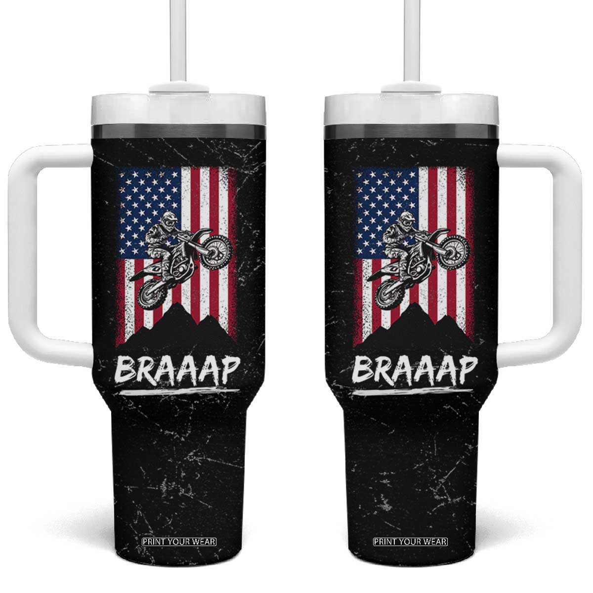 Braap Motocross Dirt Bike Tumbler With Handle Braaap Vintage USA American Flag Vintage Bikers Club TB10 One Size: 40 oz Black Print Your Wear