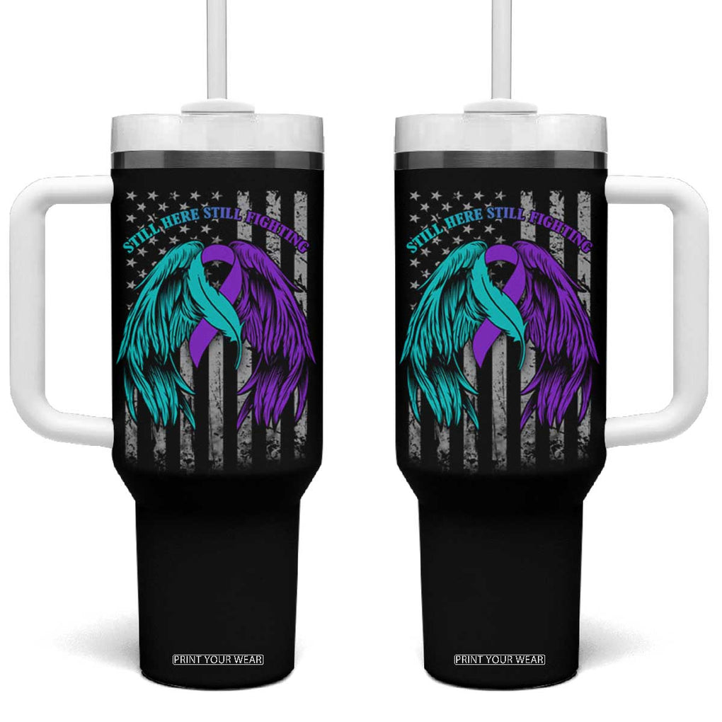 Suicide Prevention Awareness Tumbler With Handle Teal Purple Ribbon Still Here Still Fighting American Flag Therapist Psychologist TB10 One Size: 40 oz Black Print Your Wear