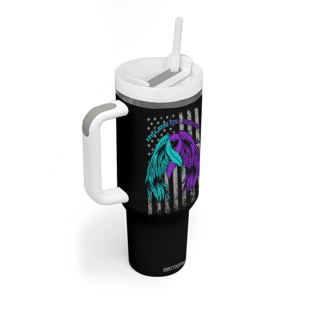 Suicide Prevention Awareness Tumbler With Handle Teal Purple Ribbon Still Here Still Fighting American Flag Therapist Psychologist TB10 Print Your Wear