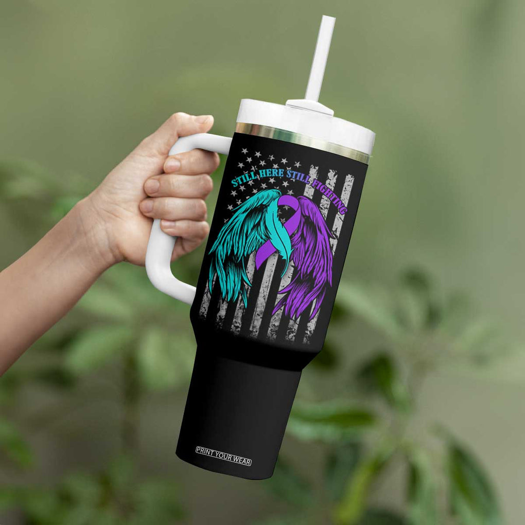 Suicide Prevention Awareness Tumbler With Handle Teal Purple Ribbon Still Here Still Fighting American Flag Therapist Psychologist TB10 Print Your Wear