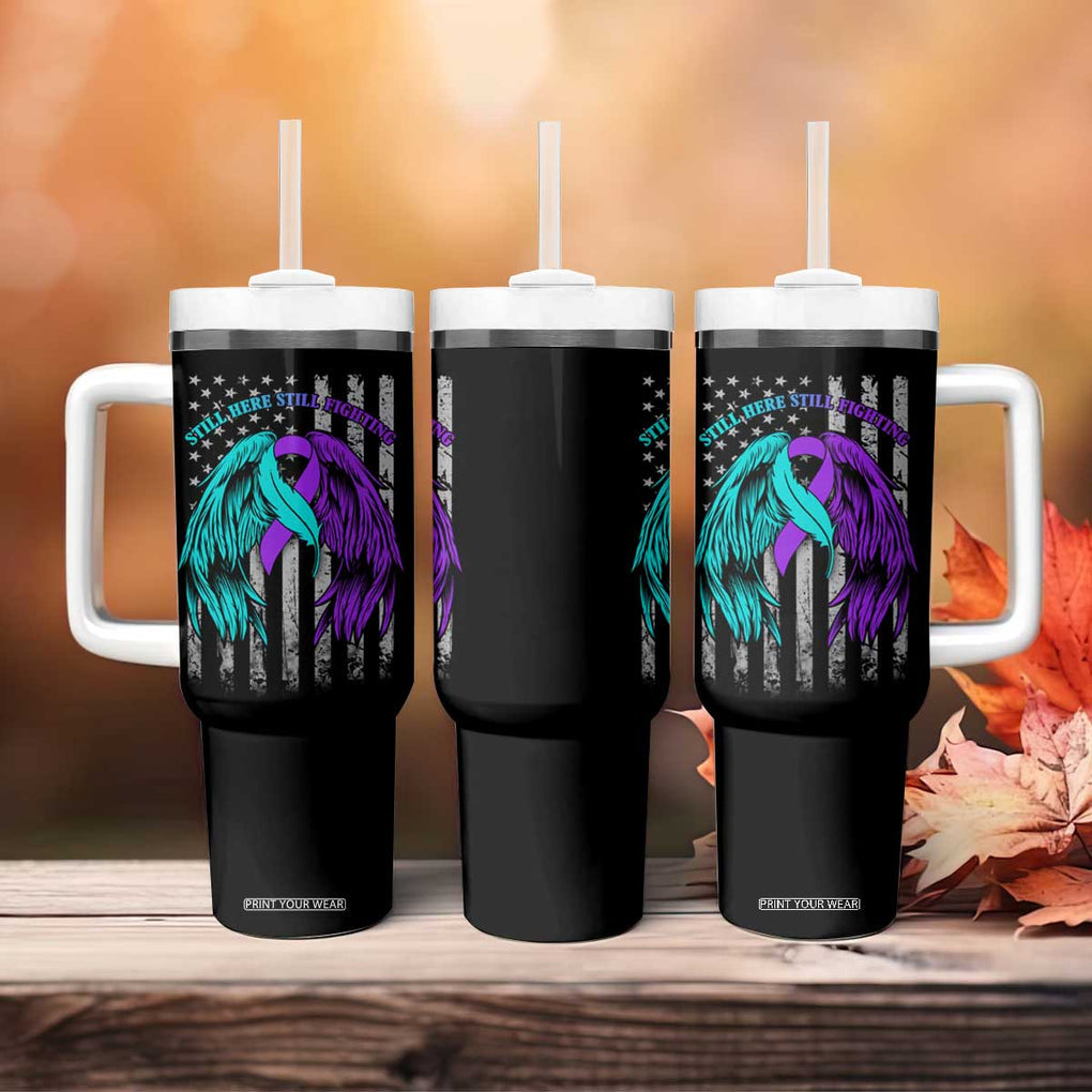 Suicide Prevention Awareness Tumbler With Handle Teal Purple Ribbon Still Here Still Fighting American Flag Therapist Psychologist TB10 Print Your Wear